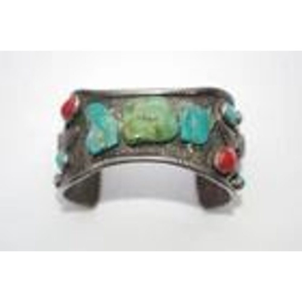 Vintage Southwestern Sterling Silver Multi Stone Cuff Bracelet signed RL